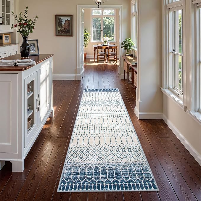 Lahome Runner Rug 2x8 Hallway Rug Runner Washable Non-Slip Kitchen Carpet Untra- Thin Throw Blue Mat, Moroccan Geometric Print Indoor Floor Mat for Entryway Laundry Bedroom