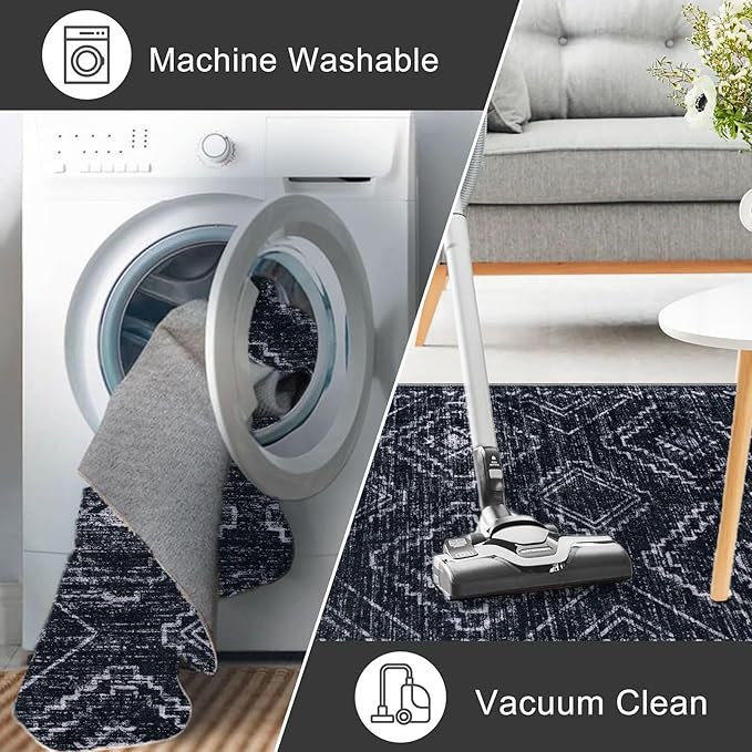 KILOCOCO Boho Kitchen Runner Rug 2x5 Washable Runner Rug, Soft Runners for Hallways Non Slip Printed Distressed Laundry Room Rug, Low-Pile Rug for Entryway/Bedroom/Living Room, Black/Navy