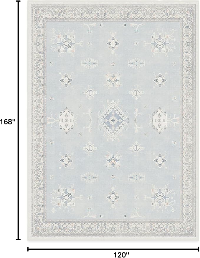 RUGGABLE Washable Vintage Area Rug – Verena Soft Blue 10x14, Stain-Resistant, Non-Slip – Large Machine Washable Rugs for Living Room, Bedroom, Hallway, Entryway & Office–with Cushioned Pad