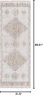 Hauteloom Ampusungan Modern Moroccan Medallion Farmhouse Hallway, Entryway Runner Rug - High Low - High Pile Long Carpet - Cream, Beige, Brown, Beige - 2'7" x 7'3"