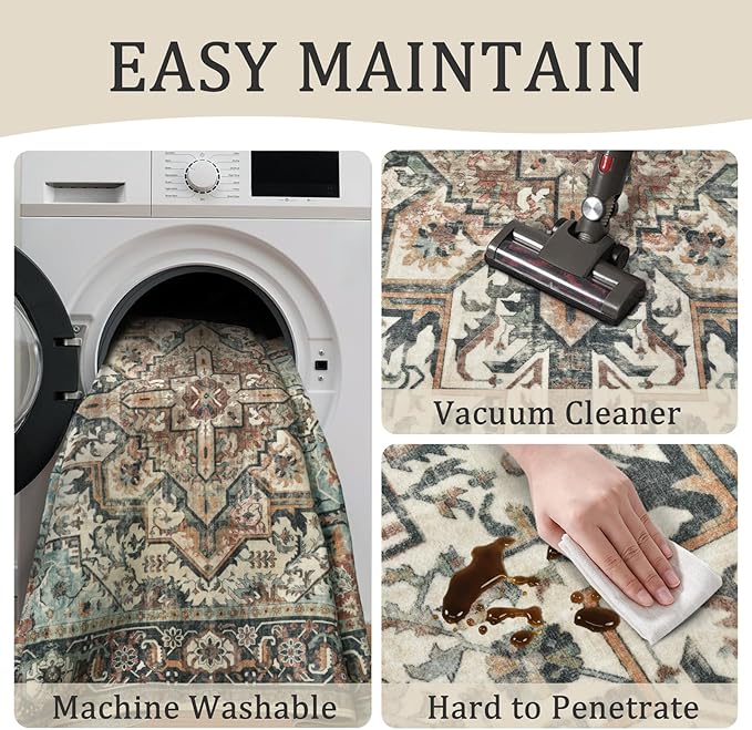 2x3 Machine Washable Area Rug for Entryway, Blue Beige Boho Vintage Floral Rug Non-Slip Low Pile Soft Faux Wool Small Carpet, Kids and Pets Friendly for Bedroom Kitchen Hallway Bedside Home Decor Rug