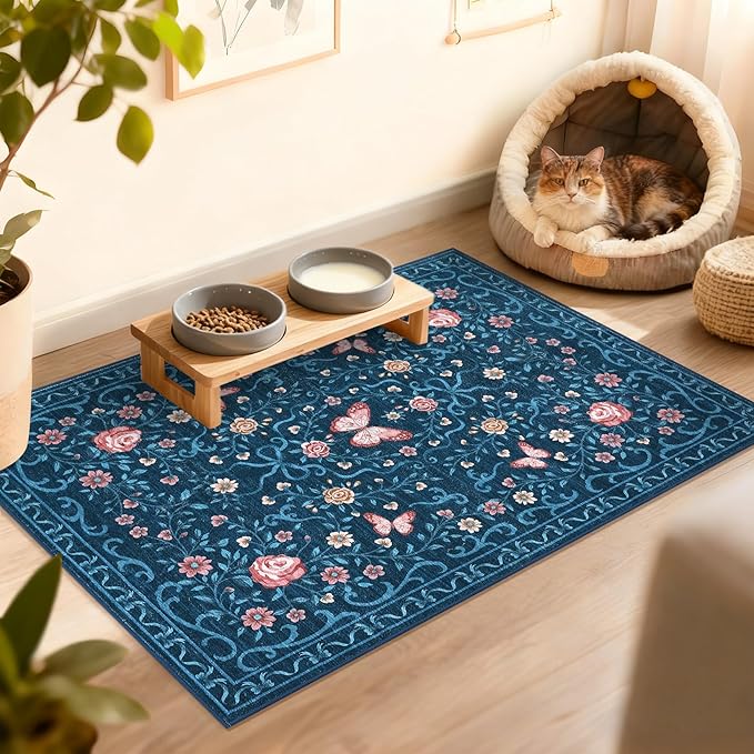 GarveeHome 2x3 Floral Area Rug Non Slip Entryway Mat Low Pile Stain Resistant Butterfly Kitchen Rugs Soft Small Throw Carpet for Dining Room Bedroom Washable Bow Rugs for Living Room Bathroom, 2x3