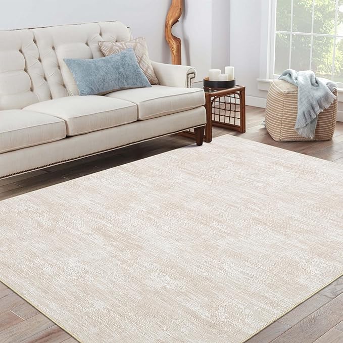 RUGSREAL 6x9 Large Bedroom Area Rug Washable Rug Soft Modern Area Rug for Living Room Non-Slip Stain Resistant Abstract Throw Floor Carpet Contemporary Rug Solid Rug for Dining Room Office, Beige