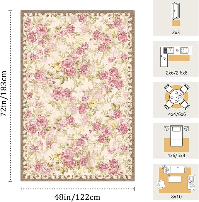 4x6 Machine Washable Area Rug for Living Room, Pink Vintage Boho Floral Rug Large Non-Slip Low Pile Soft Faux Wool Carpet, Kids and Pets Friendly for Bedroom Dining Room Farmhouse Home Decor Rug