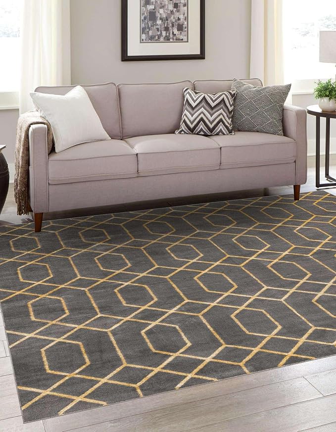 Unique Loom Glam Collection Area Rug - Trellis (7' 10" Square, Gray Gold/ Gold)