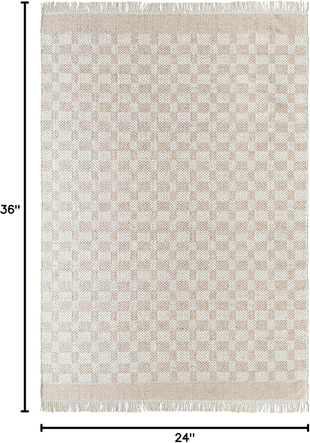 Mark&Day Wool Rugs, 2x3 Clinten Solid and Border Tan Checkered Rug, Tan Ivory Carpet for Living Room, Bedroom or Kitchen (2' x 3')
