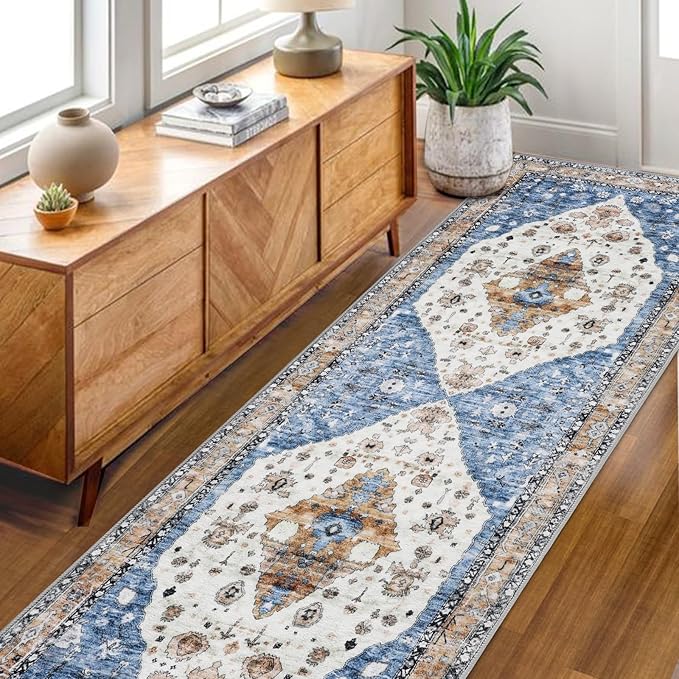 COMSLE Boho Runner Rug, 2' x 8' Washable Area Rugs for Hallway Faux Wool Small Kitchen Distressed Throw Rug Non-Slip Laundry Room Carpet Runner for Entryway Indoor Door Mat Bedroom