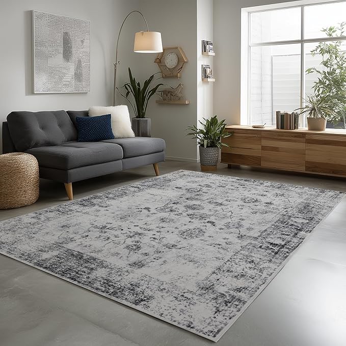 Washable Area Rugs 8x10, Large Rugs for Living Room, Carpet for Bedroom, Soft Faux Wool Retro Dining Room Rug, Non-Slip Backing Resistant Low Pile Vintage Print Rug for Home Office (White/Grey)