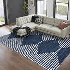 HelloTree Area Rug for Living Room 8x10 Washable Geometric Moroccan Rug Stripe Farmhouse Bohemian Minimalistic Non Slip Non Shedding Ultra Thin Soft Rug for Bedroom Office DiningRoom Nursery-Blue