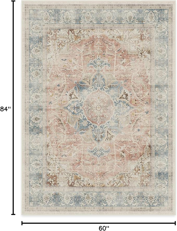 RUGGABLE Washable Vintage Area Rug – Sarrah Coral 5x7, Stain-Resistant, Non-Slip – Medium Machine Washable Rugs for Living Room, Bedroom, Hallway, Entryway & Office–with Standard Pad