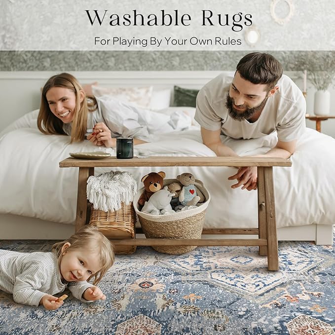 Phantoscope Washable Area Rug 8'x10' Non-Slip, Vintage Neutral Rugs for Living Room, Bedroom, Dining Room, Distressed Boho Geometric Medallion Pattern, Low-Pile Foldable Floor Carpet, Dusty Blue/Multi