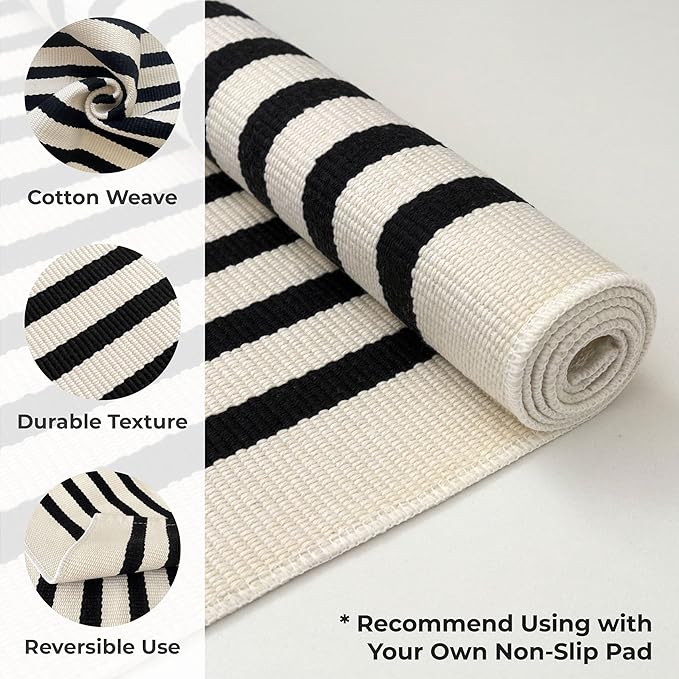 KOZYFLY Black and Beige Striped Porch Rug 2x3 Ft Small Area Rug Cotton Outdoor Doormat Front Door Rug Washable Outdoor Rug Farmhouse Layered Door Mat for Front Door Entryway Patio Porch