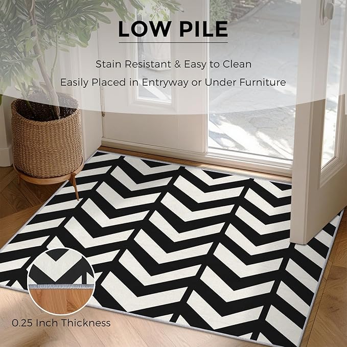 3x5 Black and White Chevron Rugs for Bedroom Decor, Washable Chevron Geometric Pattern Area Rug, Living Room Home Decoration, Non Slip Soft Thin, Modern Zigzag Decor Carpet PF-P 49