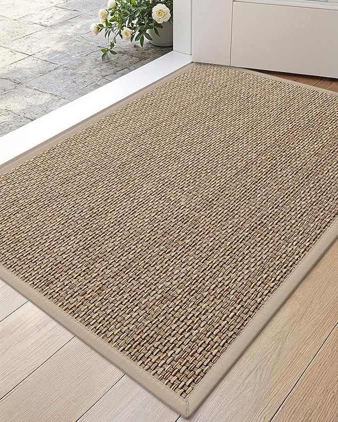 DEXI Ultra Thin Entryway Door Mat 17x30, Non Slip Rubber Backing Inside Entry Mat, Low Profile Easy Clean Dirt Trapper Doormat for Inside Entrance Patio, Beige