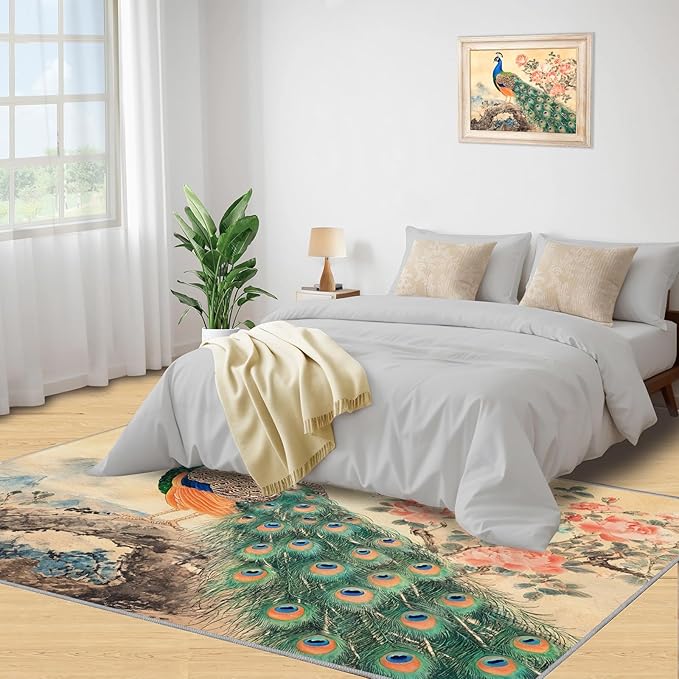 Peacock Peony Flower Area Rug 5x6-5x6 Rug, Classic Peacock Peony Rugs for Living Room, Oriental Carpet, Floral Animal Washable Area Rugs for Bedroom, Aesthetics Carpet - Peafowl Home Decor & Gifts