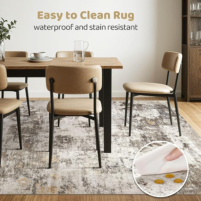 8x10 Area Rugs Living Room: Washable Large Abstract Neutral Modern Soft Rug Stain Resistant Indoor Floor Non-Slip Accent Carpet for Bedroom Nursery Playroom Dining Room Office Dorm Home- Brown Yellow