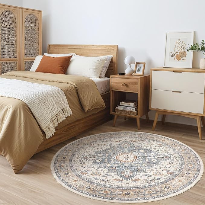Round Rug Living Room Rugs: 7x7 Washable Boho Neutral Large Circle Soft Indoor Distressed Stain Resistant Floor Farmhouse Carpet for Bedroom Nursery Kids Playroom Office Dining Room Dorm- Beige Blue