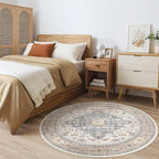 Round Rug Living Room Rugs: 7x7 Washable Boho Neutral Large Circle Soft Indoor Distressed Stain Resistant Floor Farmhouse Carpet for Bedroom Nursery Kids Playroom Office Dining Room Dorm- Beige Blue