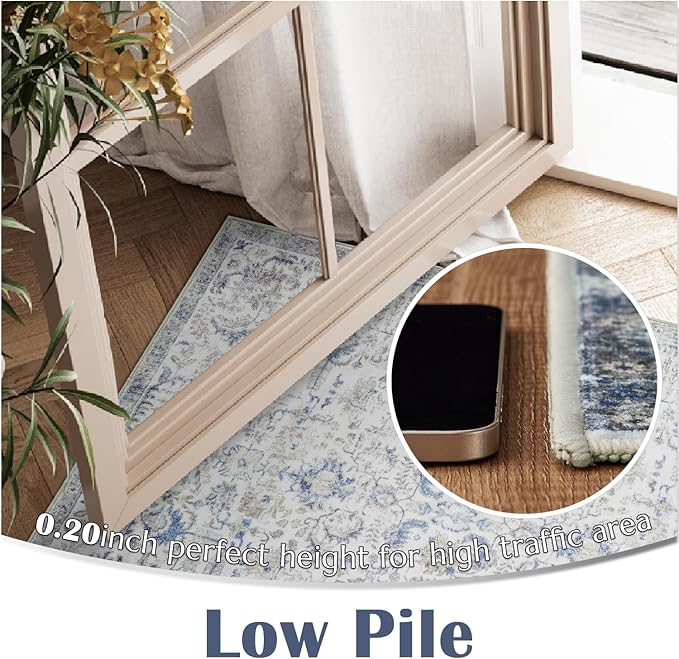 jinchan Kalen Runner Rug 2x7 Washable Area Rug Soft Vintage Hallway Indoor Floor Mat Thin Retro Distressed Carpet Blue Floral Country Non Slip Bathroom Kitchen Bedroom Living Room