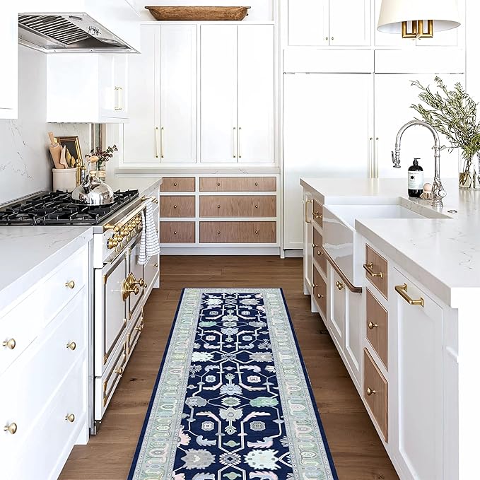 Fame Living Navy Blue Oushak Runner Rug, Modern Runners, Vintage, Turkish, Eclectic, Floral, Pastel, Washable, Long Runner Rugs for Hallway, Kitchen, Living Room, Bedroom, Kitchen, Bathroom, 2'5"x13'