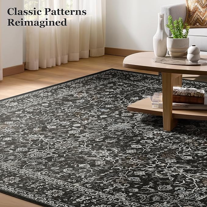 Charcoal Black 2x6 Runner Rug for Hallways Entryway, Vintage Earth Tone Kitchen Bathroom Runner 6ft, Non Slip Washable Low Pile Thin Carpet Runner for Mudroom/Laundry Room/Bedroom Bedside
