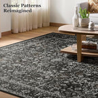 Vintage Charcoal 8x10 Area Rugs for Living Room, Retro Dark Earth Tone Carpet Rug for Bedroom Dining Room, Low Pile Thin Washable Non Slip Room Rug for Home Office Family Room