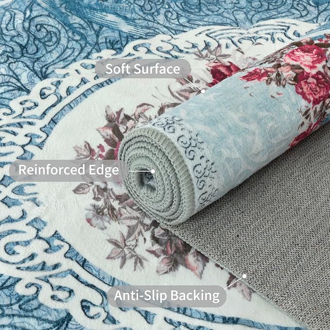 Easy-Going Round Rug 6ft Area Rug Washable Floral Circle Rugs for Living Room Non-Slip Bedroom Rug Low Pile Lightweight Retro Flowers Throw Rug for Dining Room Kitchen Home Home Office, Teal Red