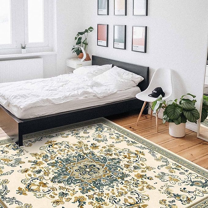 Bohemian Rectangular Area Rugs for Living Room Bedroom 3 x 5 ft Vintage Farmhouse Floral Pattern Non-Shedding Soft Low Pile Rug Non Slip Washable Rug for Nursery Entryway Playroom