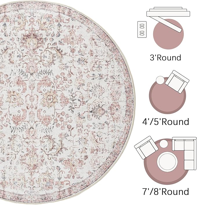 jinchan Kalen Round Rug 4ft Area Rug Washable Vintage Indoor Retro Accent Entryway Floor Cover Distressed Floral 4' Round Circle Boho Non Slip Thin Carpet for Bedroom Living Room Dining Room Red