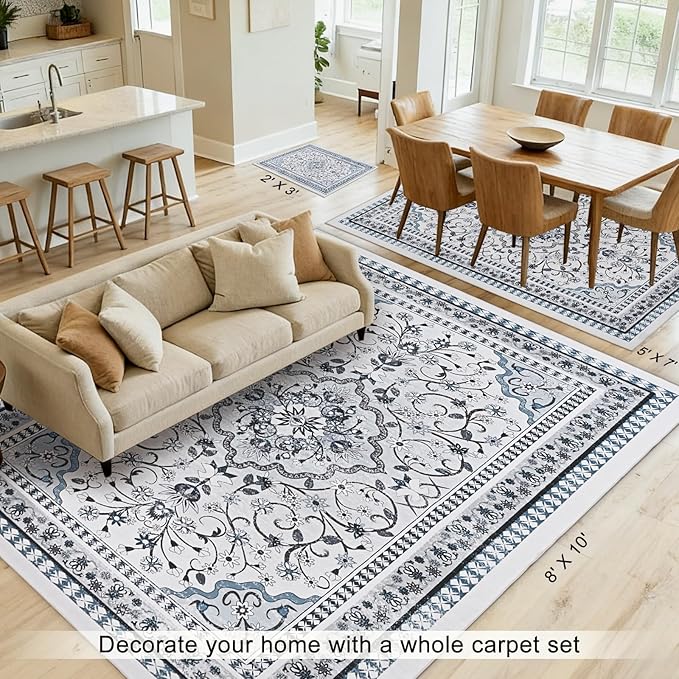 2' x 3' Blue Washable Area Rugs, Non-Slip Entryway Rug, Boho Low Pile Door Mat Indoor Entrance, Floral Medallion Pattern Vintage Rugs for Kitchen Bedroom Bathroom Laundry Living Room Farmhouse
