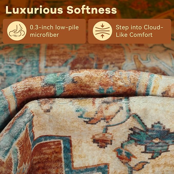 YJ.GWL Area Rugs for Living Room 4x6 Machine Washable Rugs for Bedroom, Non Slip Floral Vintage Rug Indoor Carpet, Stain Resistant Throw Rug for Dining Room Kitchen, Brick Orange