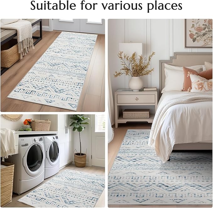 jinchan Boho 2x3 Rugs for Entryway - Machine Washable Doormat Moroccan Soft Throw Rug Bohemian Diamond Non-Slip Carpet for Entrance Kitchen Laundry Room Bedroom (2‘x3', Blue)