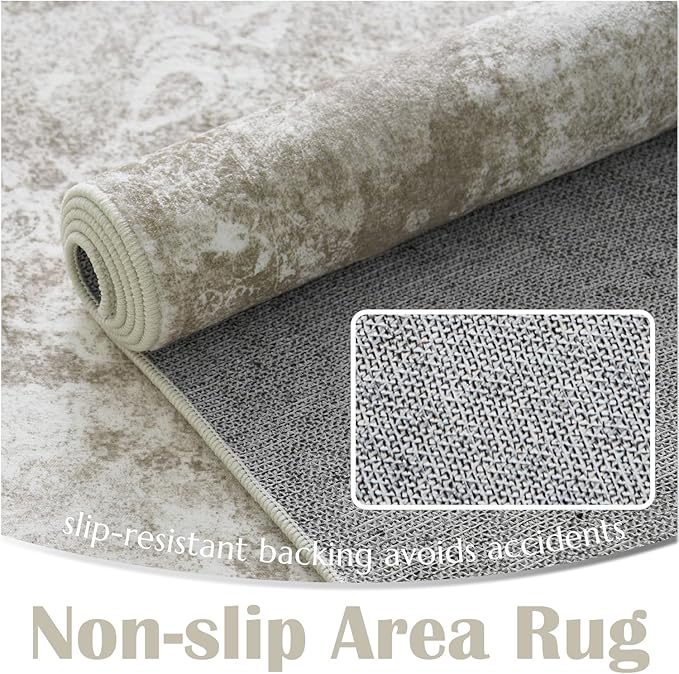 jinchan Washable Area Rug 6x9 for Living Room - Soft Faux Wool Ultra-Thin Stain Resistant Non-Slip Distressed Vintage Floral Large Carpet for Bedroom, Dining Room, Home Office, Nursery(Brown, 6'x9')