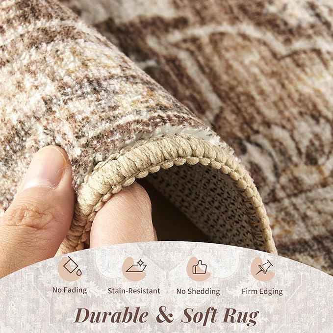 tchdio 5x7 Area Rugs for Living Room, Vintage Non Slip Washable Rug, Soft Low Pile Area Rug Large Floor Indoor Carpet for Bedroom, Dining Room, Office (Brown, 5'x7')