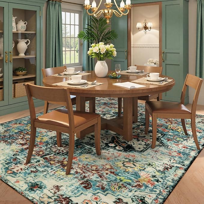 Lahome Area Rugs 9x12 Living Room Boho Washable Rugs 9x12,Large Boho Rugs for Bedroom Dining Room,Floral Soft Non-Slip Printed Low Pile Throw Indoor Floor Carpet for Nursery Kids Playroom(9x12ft,Teal)