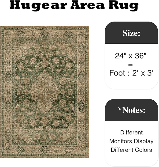 HUGEAR 2x3 Entryway Area Rug Retro Green Small Rug Machine Washable Door Mat Vintage Floral Low Pile Carpet Distressed Throw Rug Entrance Kitchen Bathroom Bedroom Office Non Slip Soft Lightweight