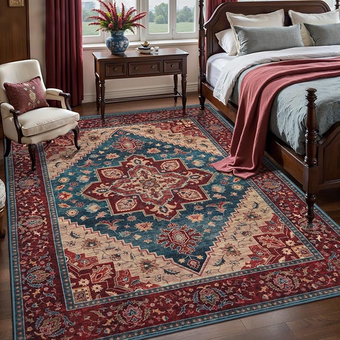 Tangsoo Oriental Red Rug 4x6 Washable Vintage Rugs Non Slip Indoor, Distressed Carpet for Living Room, Dining Room, Soft Low Pile Rugs Boho Foldable Floor for Bedroom Dorm Bedside Bathroom