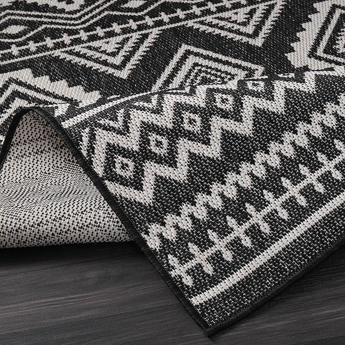 Beverly Rug Waikiki Boho Indoor Outdoor Rug 5x7, Washable Outside Carpet for Patio, Deck, Porch, Bohemian Area Rug, Farmhouse Rugs, Aztec Tribal Rug, Black and White