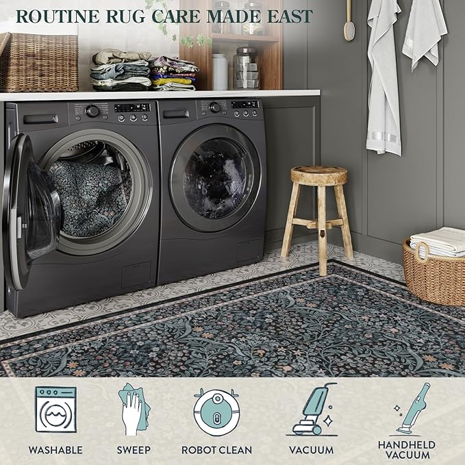 Lahome Floral Washable Rugs 8x10, Soft 8x10 Area Rugs for Living Room Bedroom, Boho Non-Slip Forest Stain Resistance Large Throw Carpet for Farmhouse Dining Room Office, Black