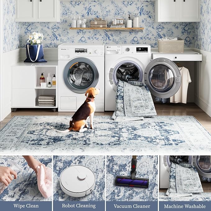 jinchan Fiora 6x9 Area Rug for Living Room Washable Soft Throw Rug Ultra-Thin Stain Resistant Non-Slip Distressed Vintage Floral Large Carpet for Bedroom, Home Office, Nursery(6x9ft, Dark Blue)