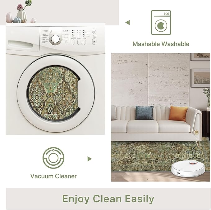 2x7 Runner Rug Machine Washable Boho Runners for Hallway,Ultra-Thin Low Pile Rug,Lightweight Indoor Carpet,Non Slip Floral Runners for Enrtyway, Corridor, Home Office, Kitchen,Sage Green