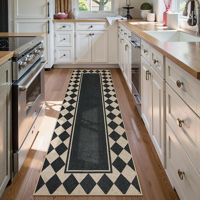 Moynesa Easy Jute Hallways Runner Rugs Washable 2.5x8 Entryway Rug Runners for Kitchen Black Checkered Indoor Outdoor Carpet for Entryway Patio, Diamond Grid Mat for Bathroom Bedroom Laundry