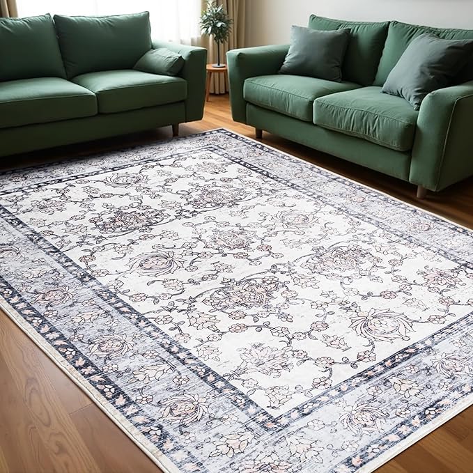Area Rug for Living Room, 9x12 Machine Washable Non Slip Large Faux Wool Throw Rug, 0.3″ Low Pile & Non-Shedding Boho Large Carpet Rugs for for Dining Room, Bedroom, Office (Gray Purple)