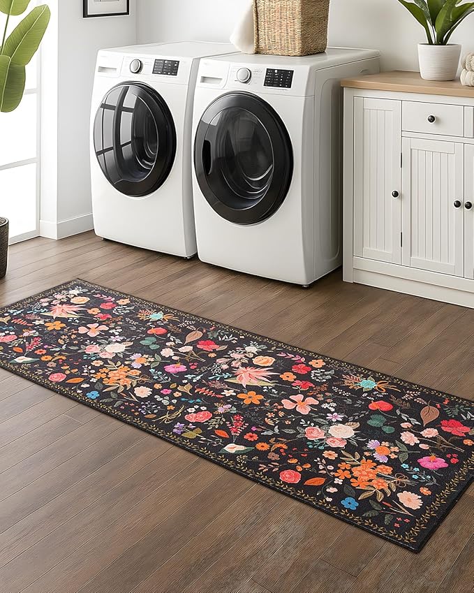 Boho Floral Runner Rug 2x6, Washable Non-Slip Kitchen Rug, Ultra Soft Vintage Carpet for Hallways, Kitchen, Bedroom, Bathroom (Black)