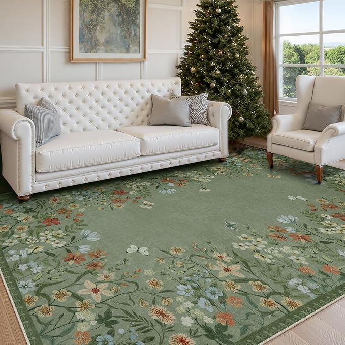 Wonnitar Washable 5x7 Area Rugs, Green Floral Rugs for Bedroom, Non-Shedding Living Room Throw Rug, Botanical Dining Room Floor Carpet for Bedside Kids Girls Bedroom (Green,5'x7')