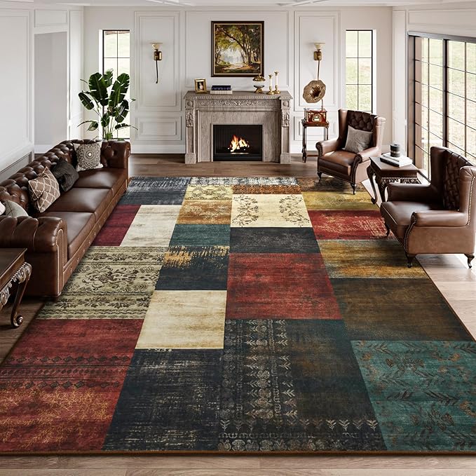 DweIke Large Modern Washable Area Rugs 8x10, Living Room Rug Non-Slip and Non-Shedding Large Rugs for Bedroom, Low Pile Indoor Rubber Backed Carpets for Dining Office Home Decor, Colorful