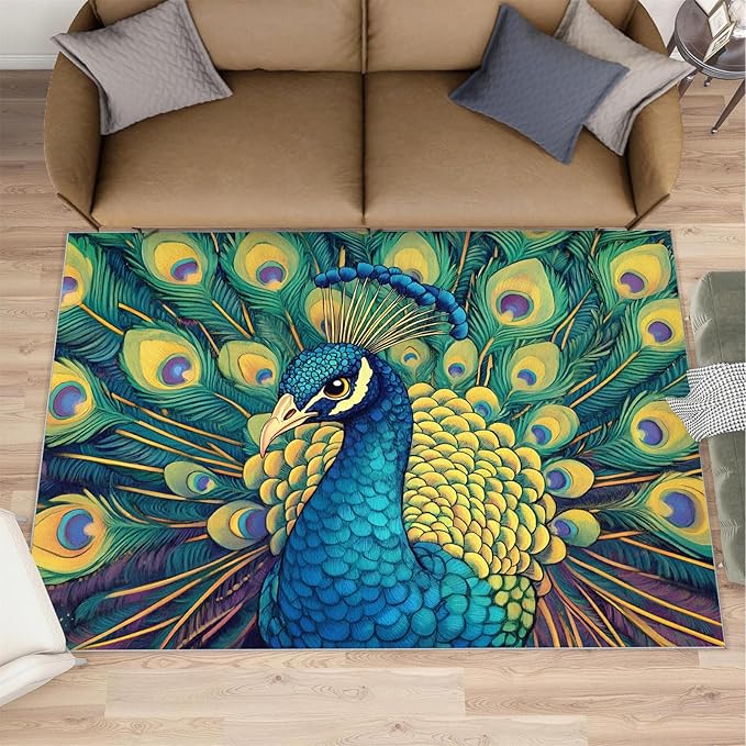 Peacock Rug 6x9-6x9 Rug, Wonderful Peacock Area Rugs for Bedroom, Teal Turquoise Rugs for Living Room, Modern Style Washable Mat, Malachite Green Feather Carpet - Peafowl Home Decor & Gifts