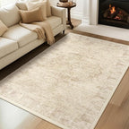Neutral Beige Area Rugs 5x8, Non Slip Washable Rug for Living Room Bedroom, Medallion Distressed Printed Low Pile Thin Carpet Rugs for Dining Room/Kitchen/Home Office