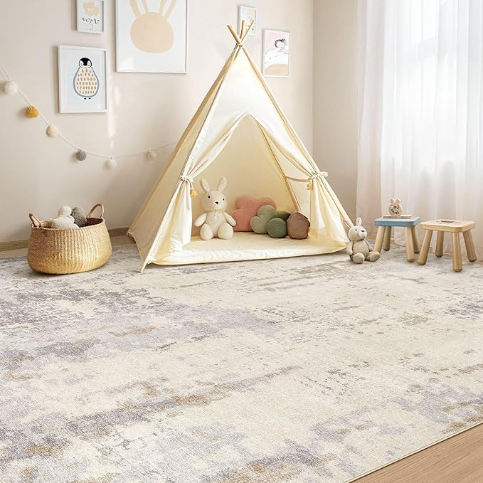 10x12 Area Rug Living Room Rugs - Washable Neutral Modern Abstract Soft Thin Rug Indoor Floor No Slip Rug Carpet for Bedroom Under Dining Table Home Office Decor - Light Brown/Gray