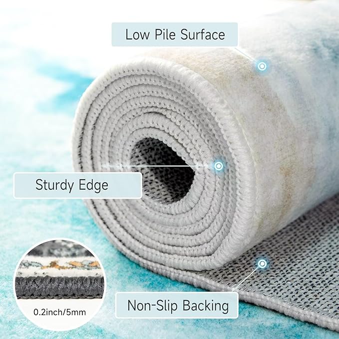 Beach Pattern 2.6x8ft Runner Rug Non Slip Washable Kitchen Runner Rug with Rubber Backing，Low-Pile Soft Washable Runner Rugs for Hallway Entryway Kitchen Bedroom Living Room Bathroom